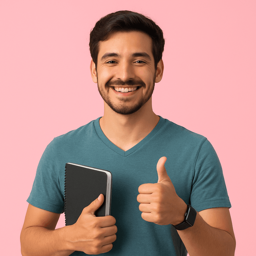 Learner holding a tablet against a coral background