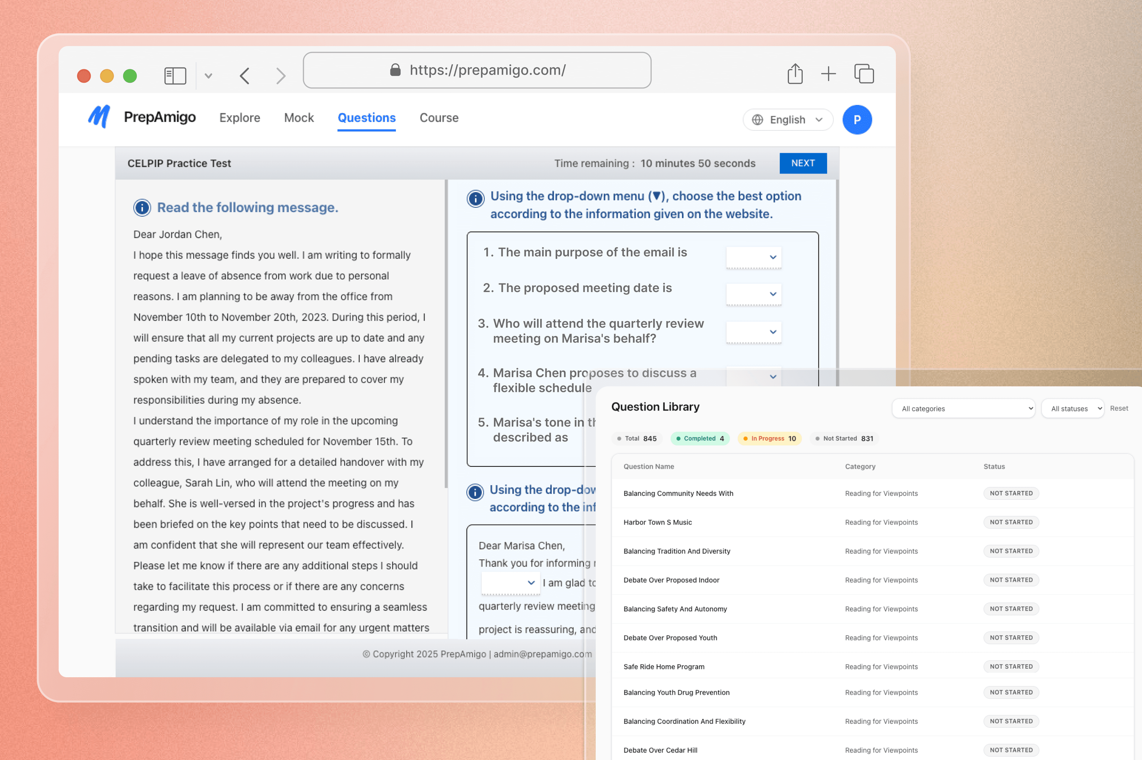 PrepAmigo simulator showing an exam-style task screen.