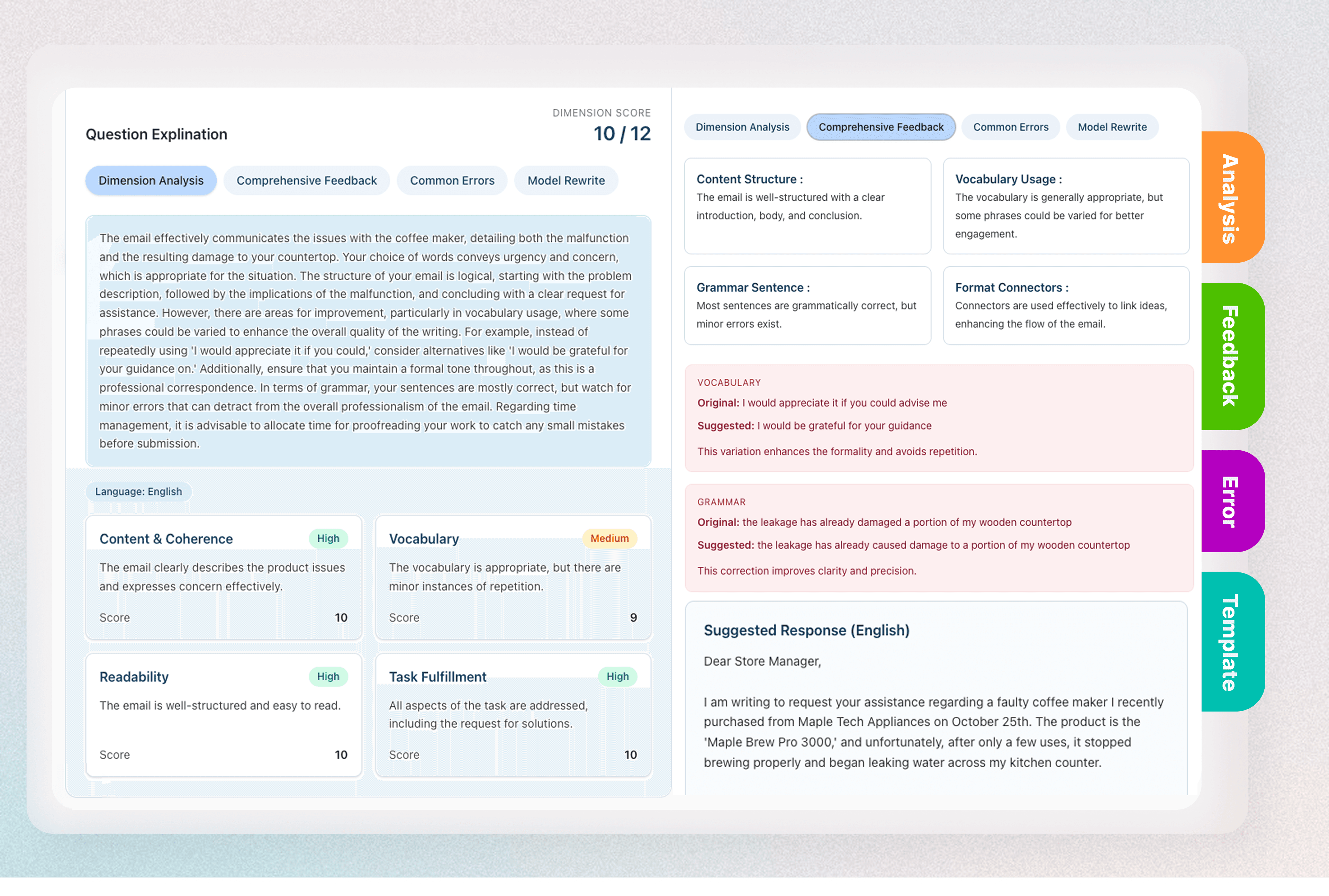 PrepAmigo score report displaying four-skill levels.